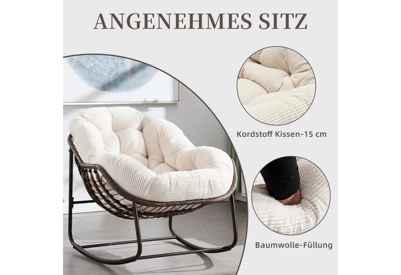 SeedWave Schaukelstuhl mit Rattan & Kordstoff-Kissen - Bild 3
