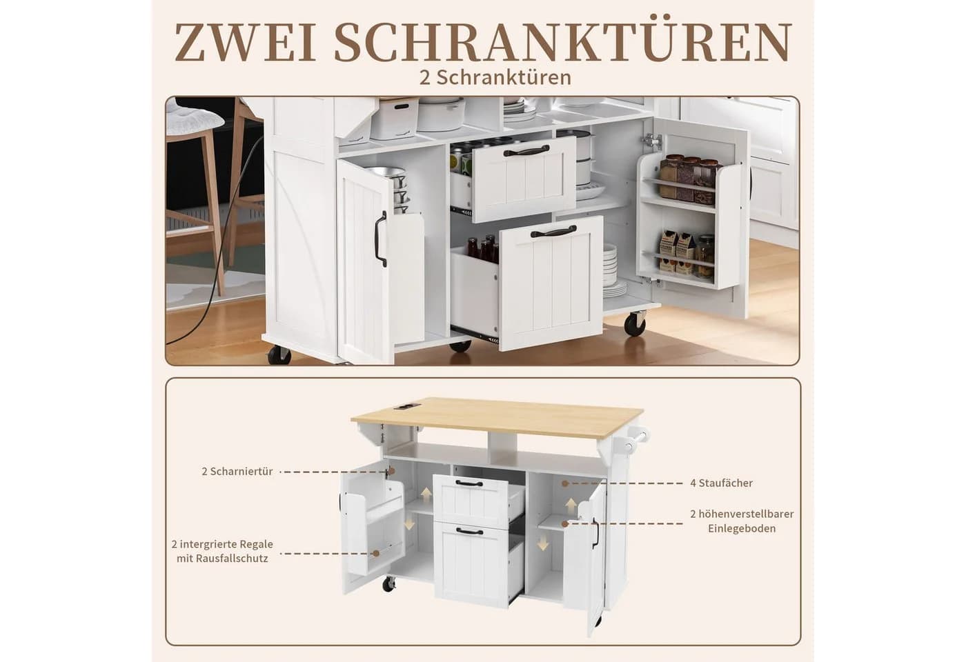 SeedWave Kücheninsel mit Ladefunktion & Klappbarer Tischplatte Weiß - Bild 5