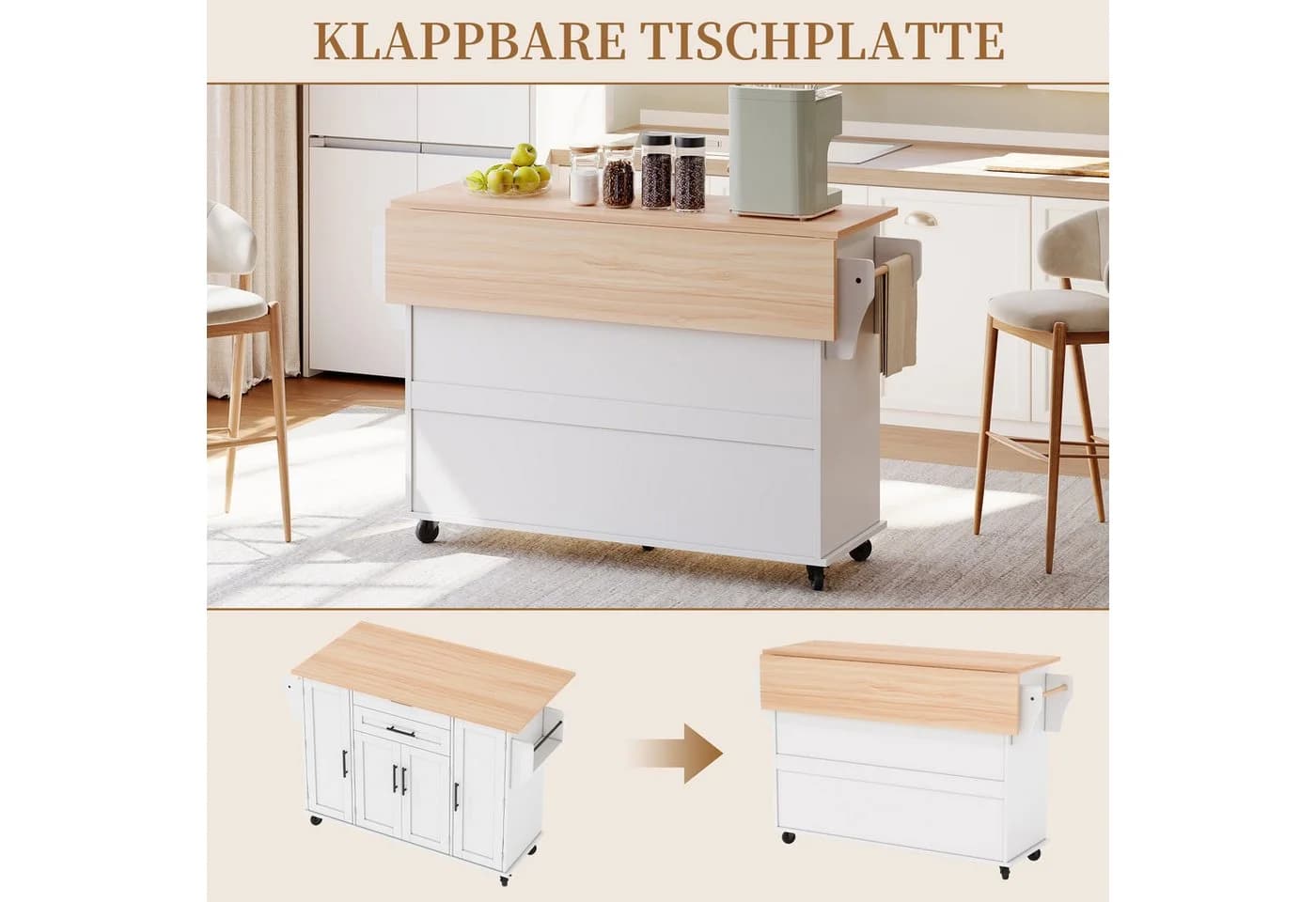 SeedWave Kücheninsel auf Rollen mit klappbarer Tischplatte und Stauraum - Bild 3