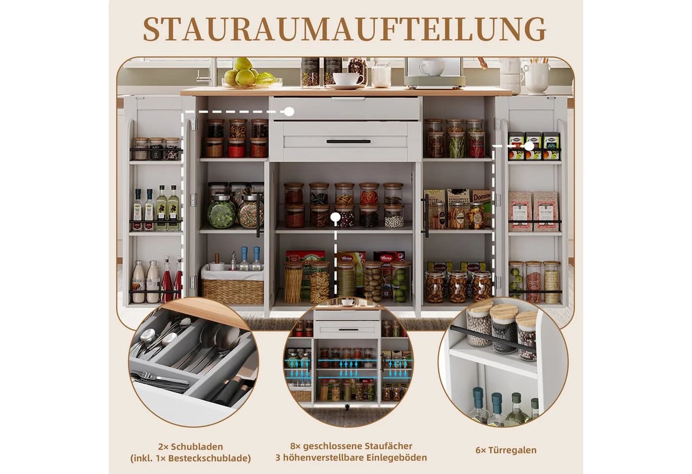 SeedWave Kücheninsel auf Rollen mit klappbarer Tischplatte und Stauraum - Bild 5