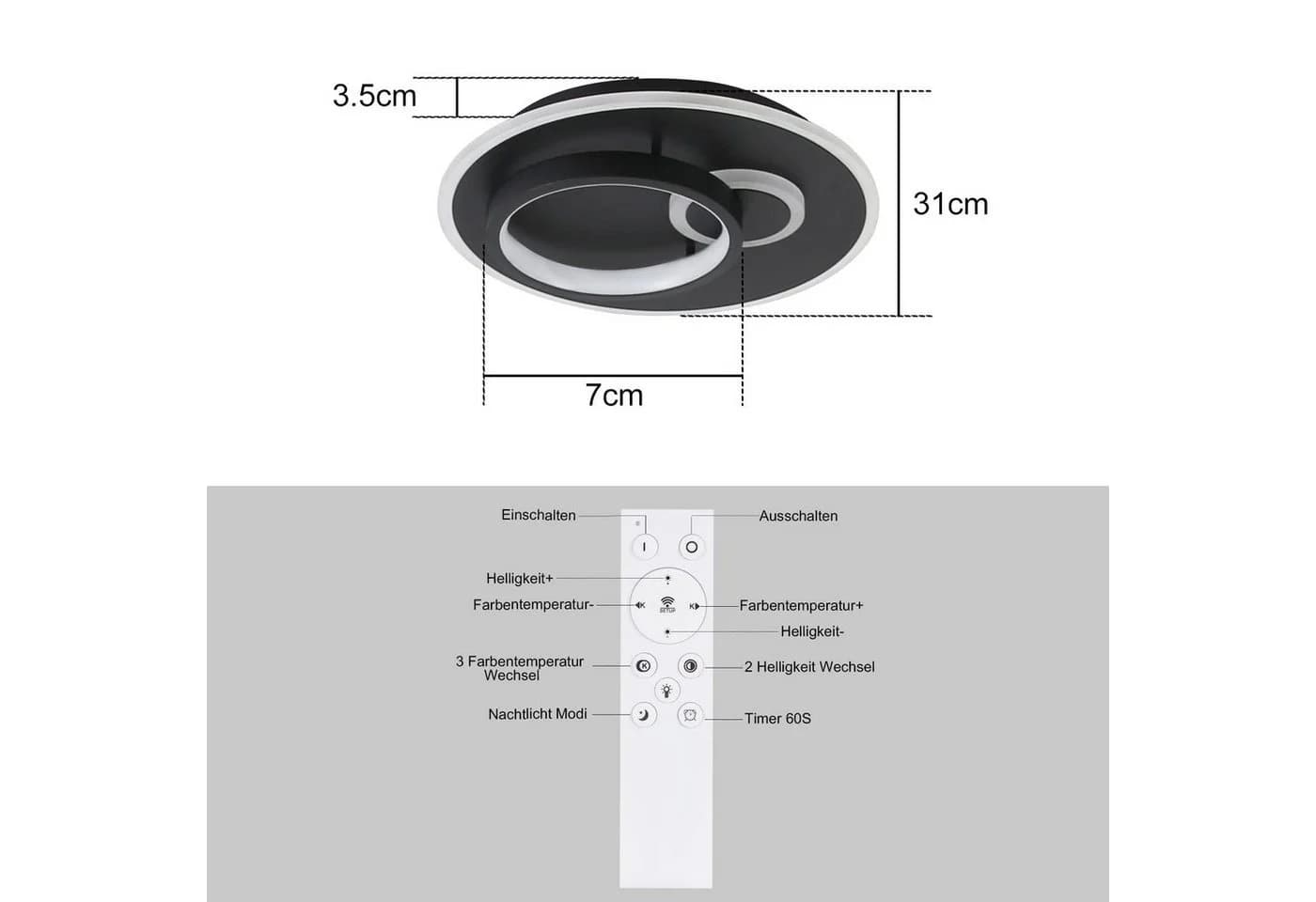 ZMH LED Deckenleuchte mit Fernbedienung Modern Design 33W - Bild 4
