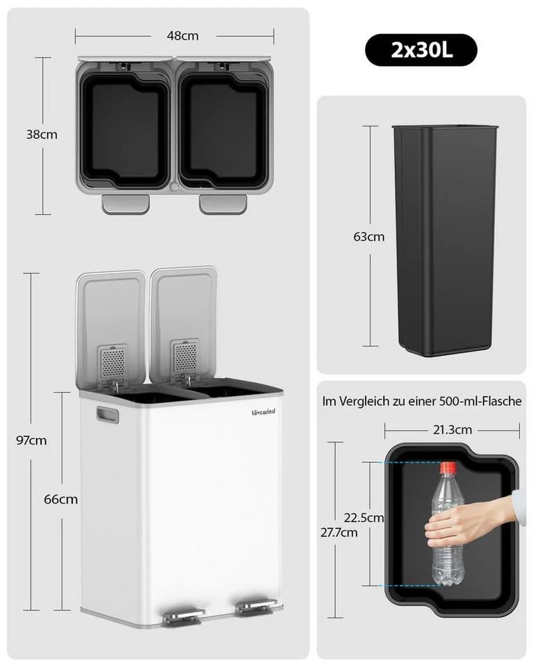 Lovewind Mülltrennsystem 2 Fächer 60 L Treteimer Edelstahl Soft-Close - Bild 5