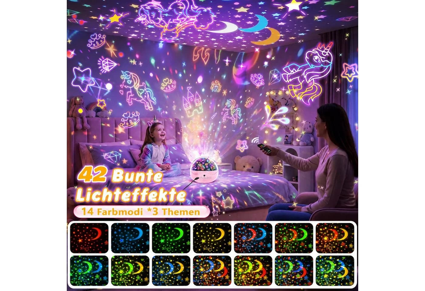 Wootoy LED-Sternenhimmel Projektor Rosa 360° drehbar mit 42 Lichteffekten - Bild 5