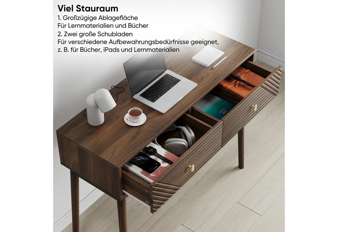 IDEASY Konsolentisch Mid-Century Walnuss mit Schubladen