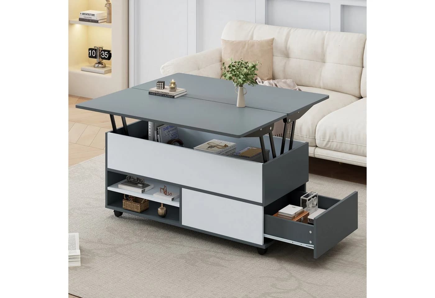 IDEASY Höhenverstellbarer Couchtisch Grau-Weiß mit Stauraum - Bild 2