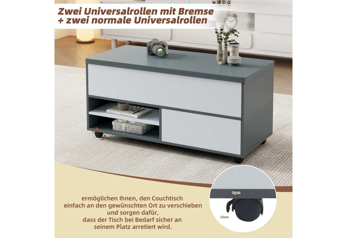 IDEASY Höhenverstellbarer Couchtisch Grau-Weiß mit Stauraum - Bild 4