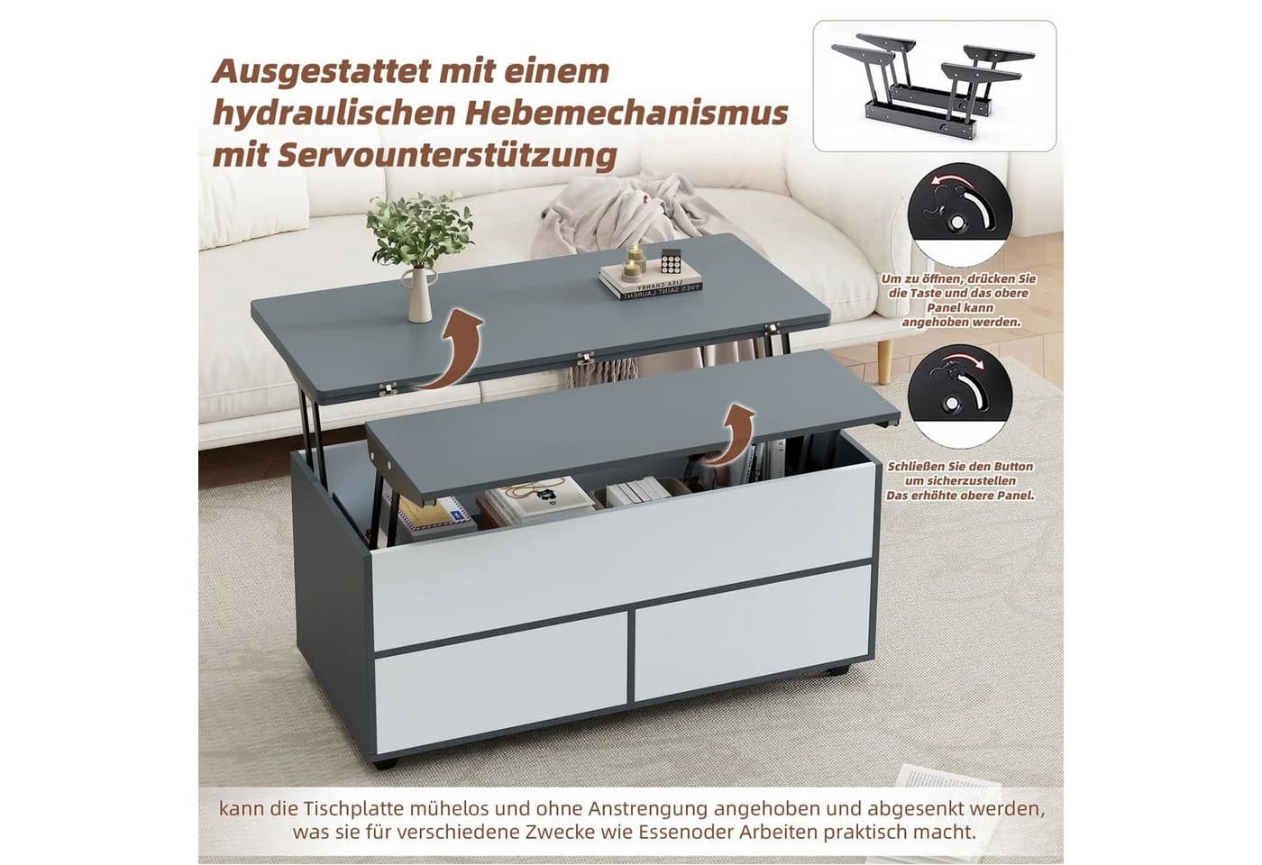 IDEASY Höhenverstellbarer Couchtisch Grau-Weiß mit Stauraum - Bild 5