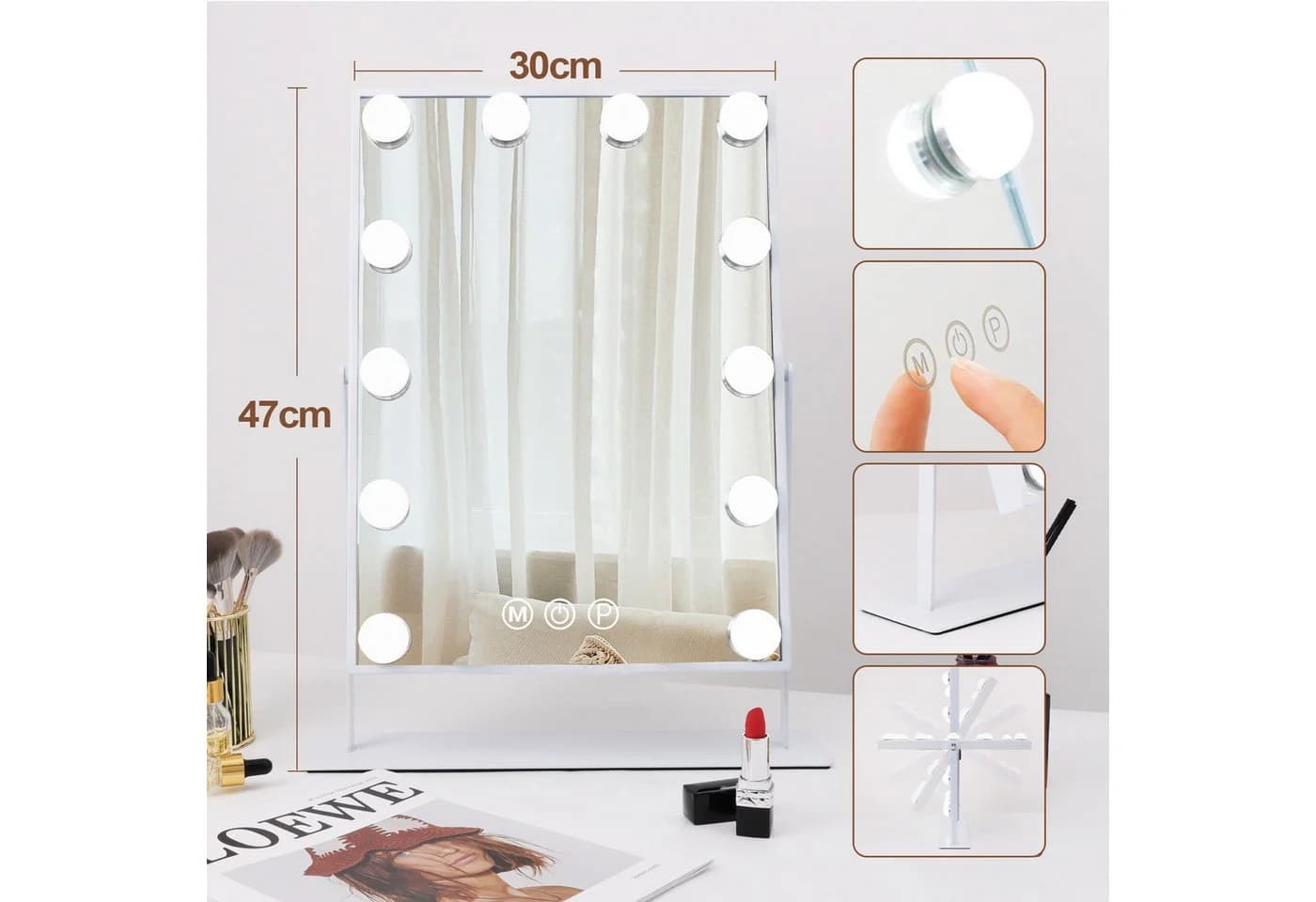 FENCHILIN Schminkspiegel mit LED-Beleuchtung Weiß 30/41cm