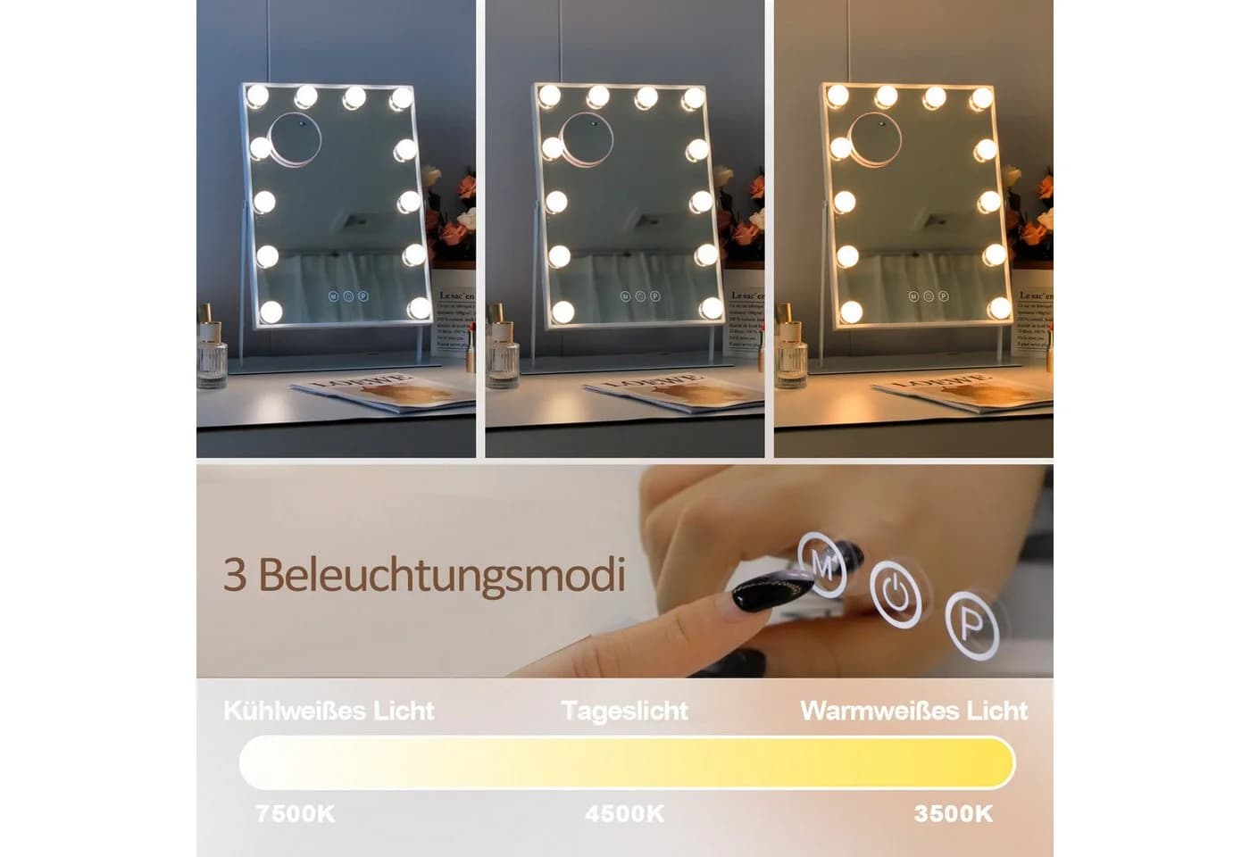 FENCHILIN Schminkspiegel mit LED-Beleuchtung Weiß 30/41cm - Bild 3