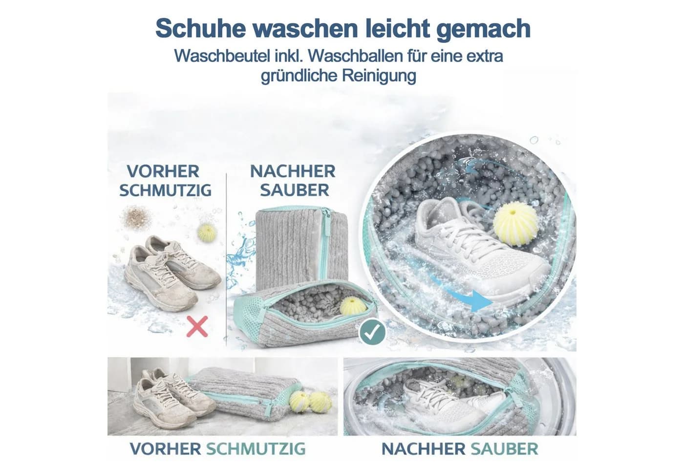 Mutig Schuhwaschbeutel 2 Stück 360° Reinigung Grau