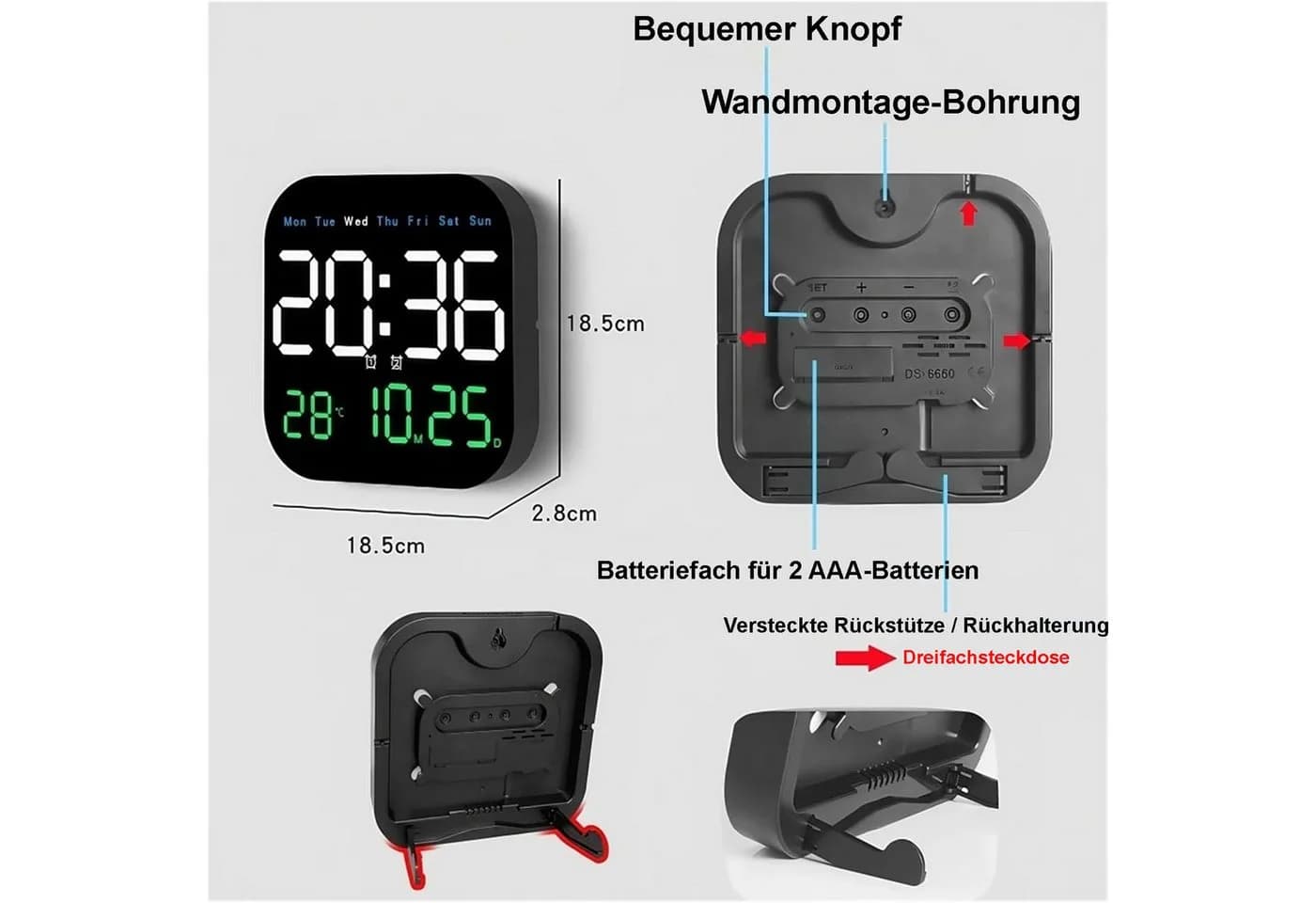 Senmudi Uhr Große LED Digitaluhr mit Anzeige für Zeit, Luftfeuchtigkeit, Temperatur - Bild 3