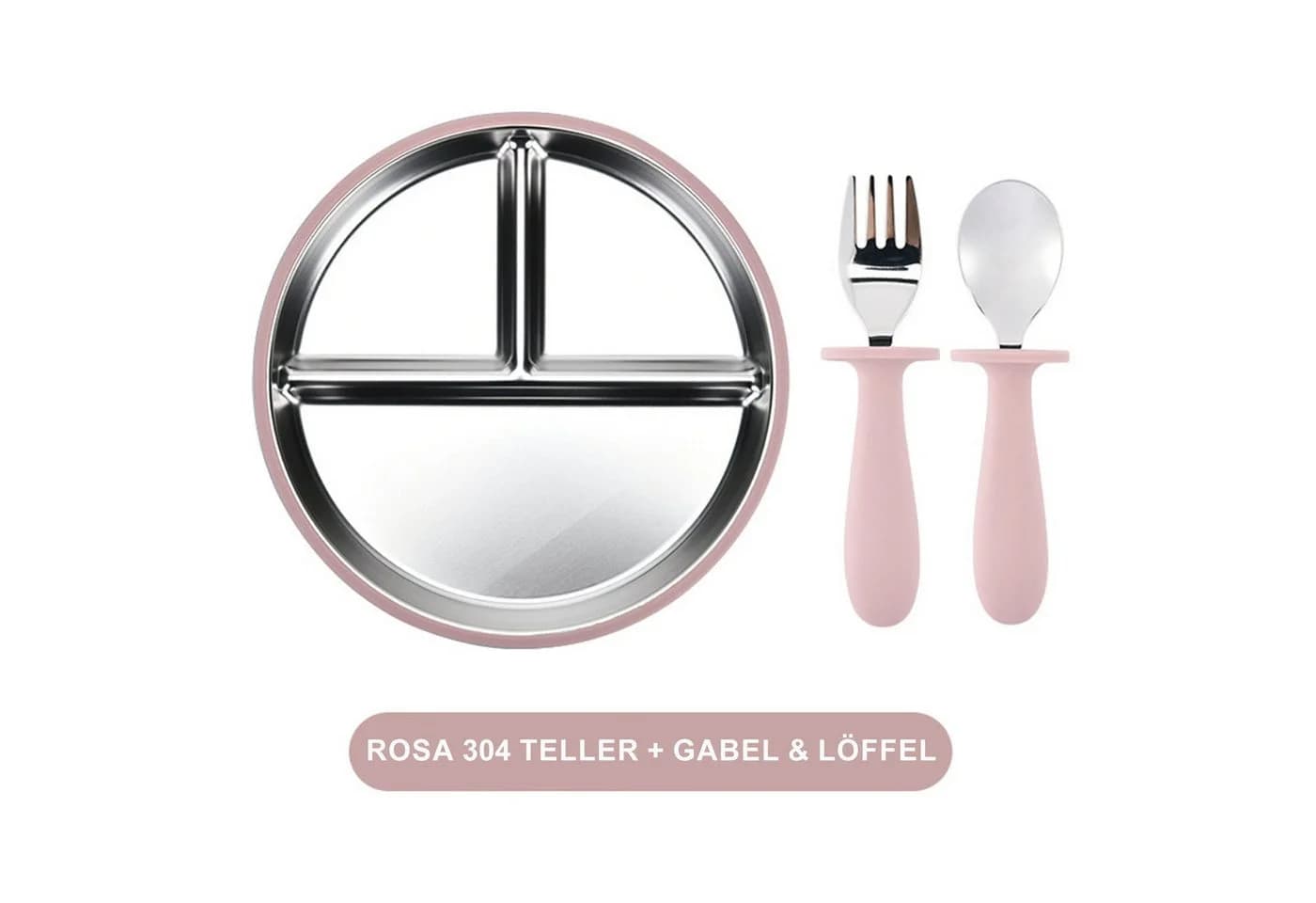 Mutig Kindergeschirr-Set 3-tlg. Edelstahl Rosa mit Saugnapf & Besteck