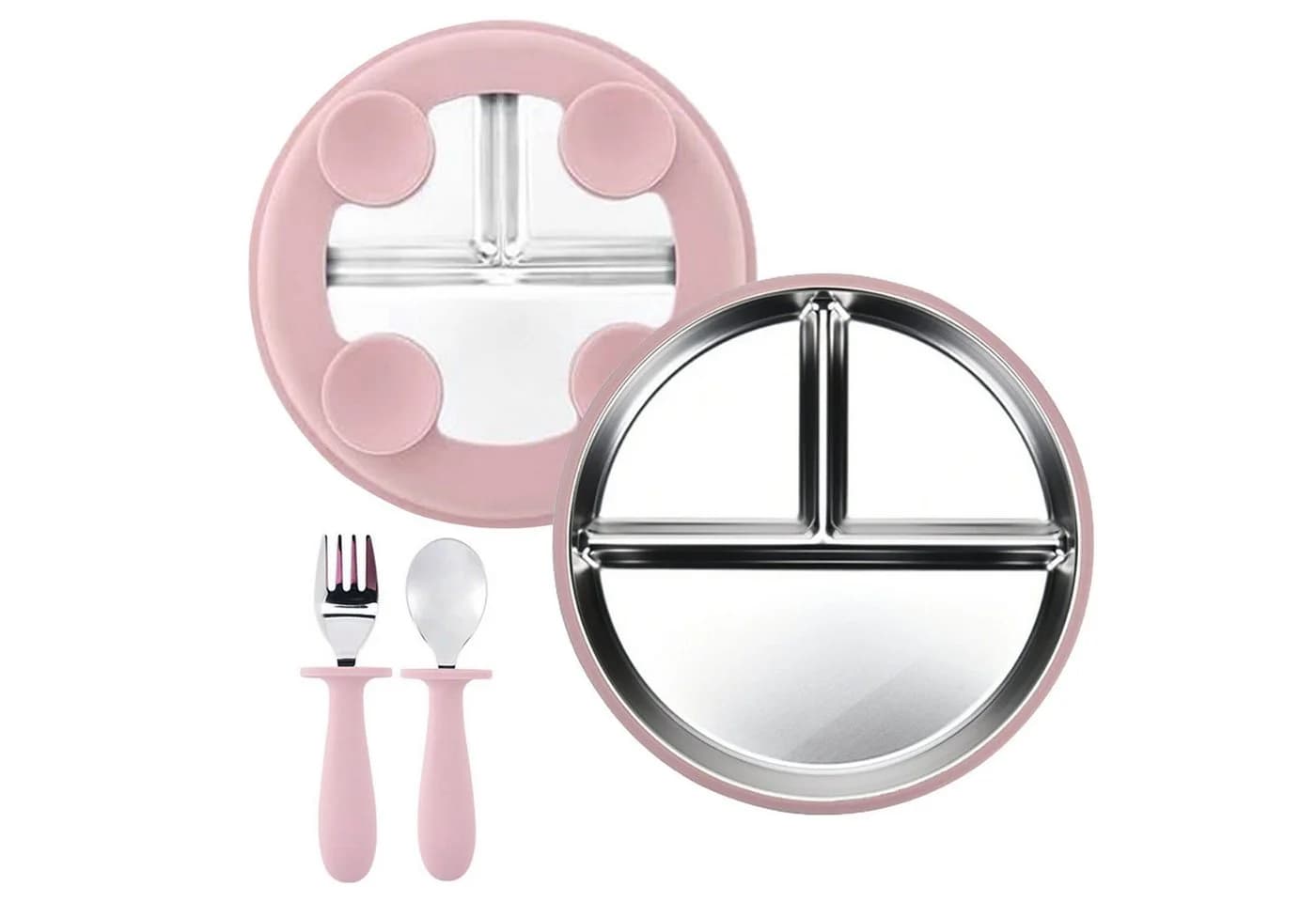 Mutig Kindergeschirr-Set 3-tlg. Edelstahl Rosa mit Saugnapf & Besteck - Bild 2