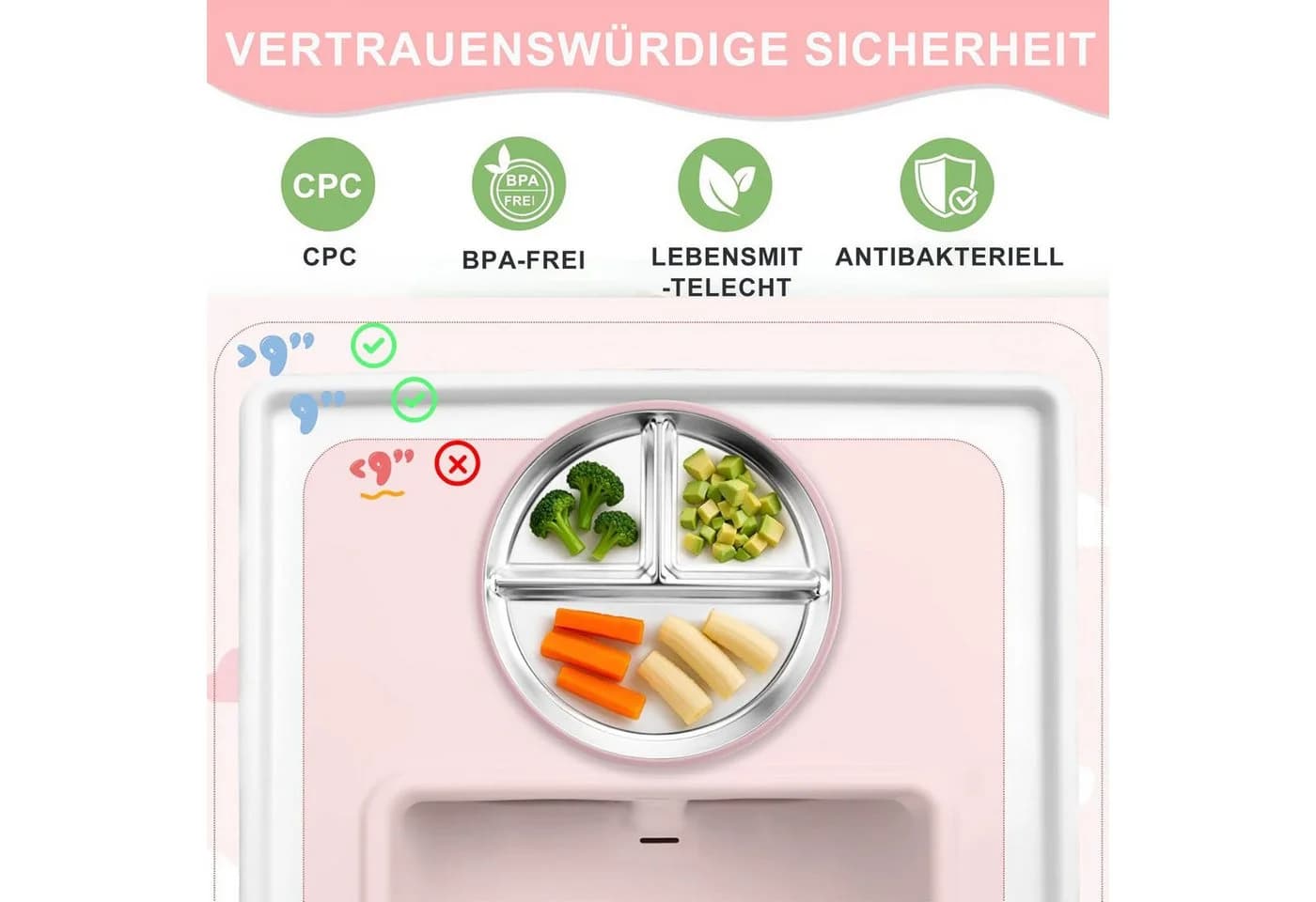 Mutig Kindergeschirr-Set 3-tlg. Edelstahl Rosa mit Saugnapf & Besteck - Bild 3