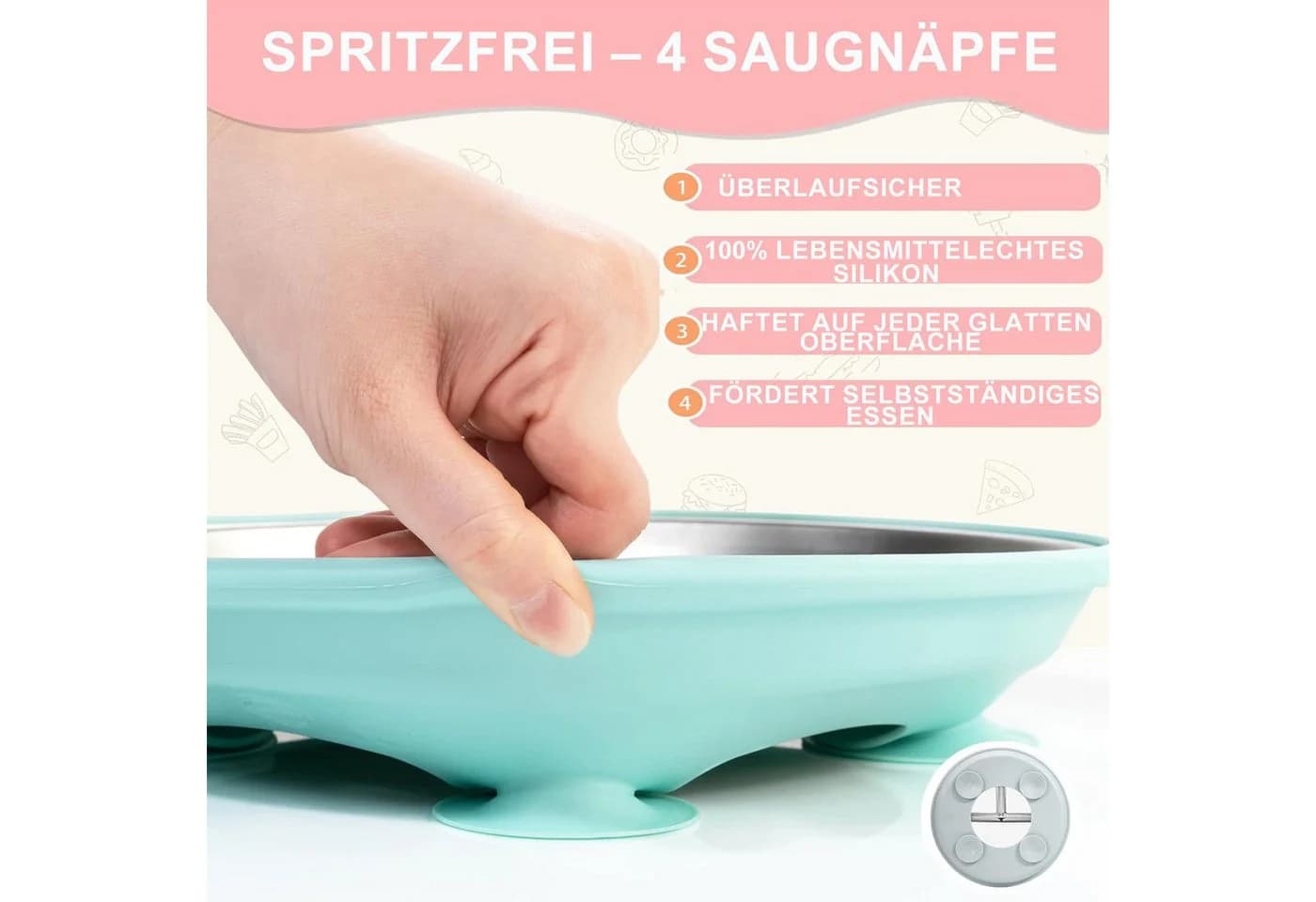 Mutig Kindergeschirr-Set 3-tlg. Edelstahl Rosa mit Saugnapf & Besteck - Bild 4