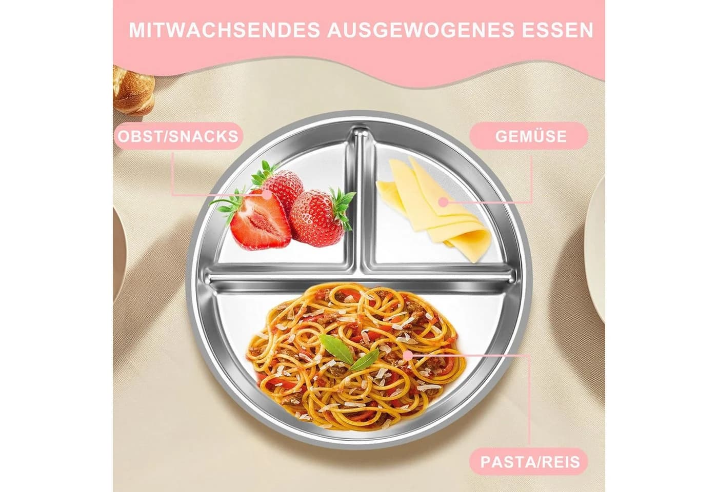 Mutig Kindergeschirr-Set 3-tlg. Edelstahl Rosa mit Saugnapf & Besteck - Bild 5