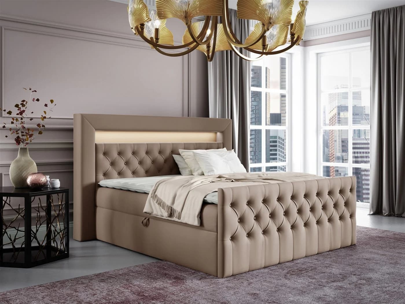 Fun Möbel Boxspringbett ERNESTO Nr.4 Beige mit LED-Beleuchtung