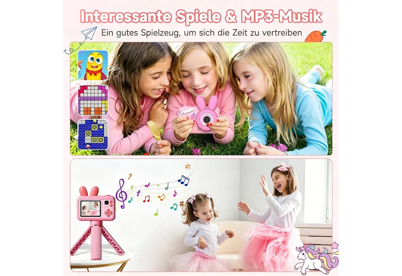 MOPUEA Kinderkamera Rosa 1080P HD mit Stativ und 32GB SD-Karte