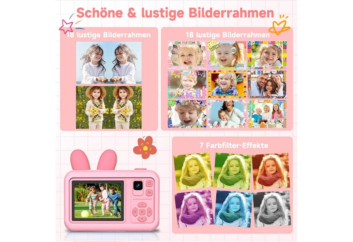 MOPUEA Kinderkamera Rosa 1080P HD mit Stativ und 32GB SD-Karte - Bild 5