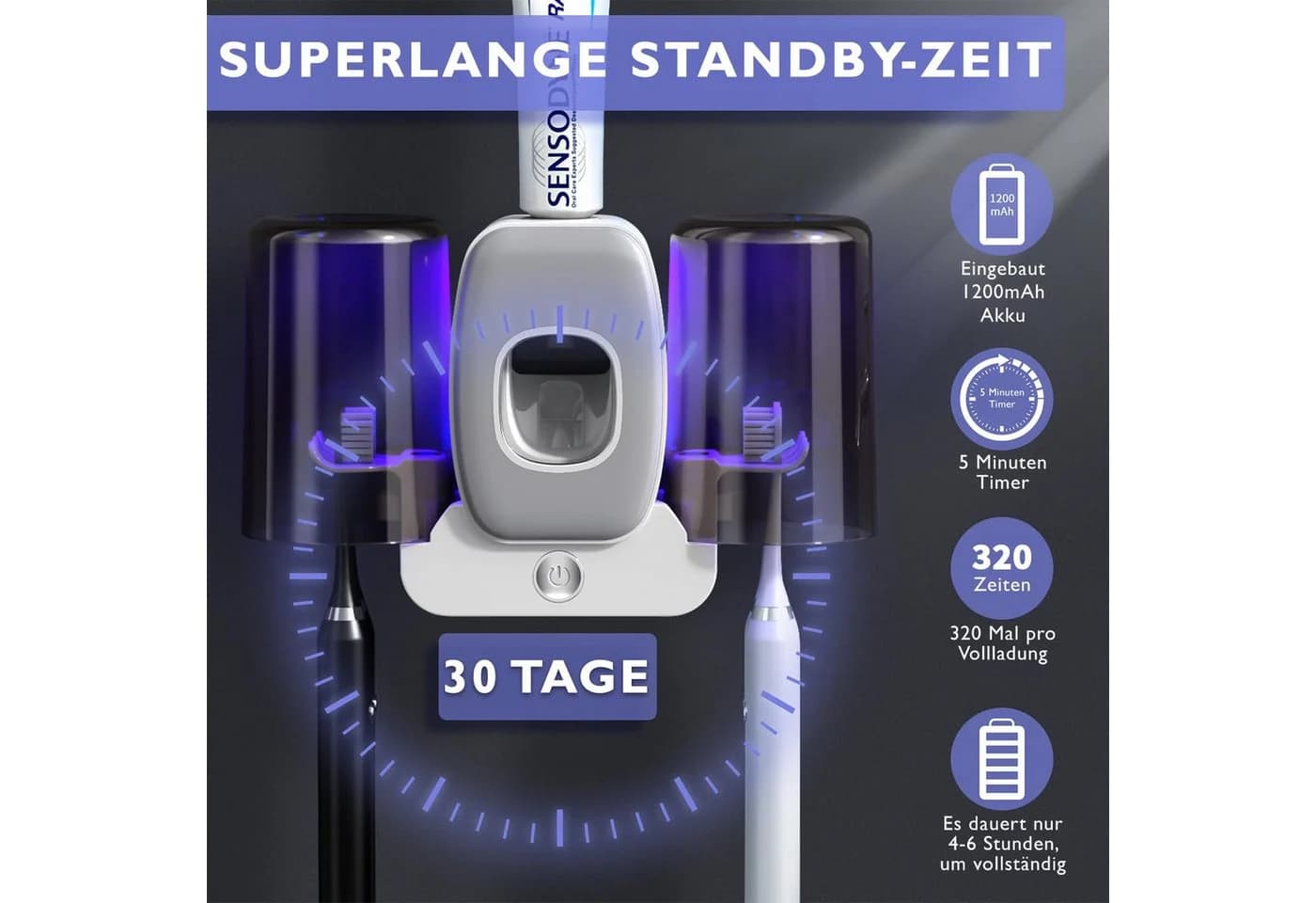 MOPUEA UV-Zahnbürstenhalter mit 4 Schlitzen, Zahnpastenspender und UV-Desinfektion - Bild 3