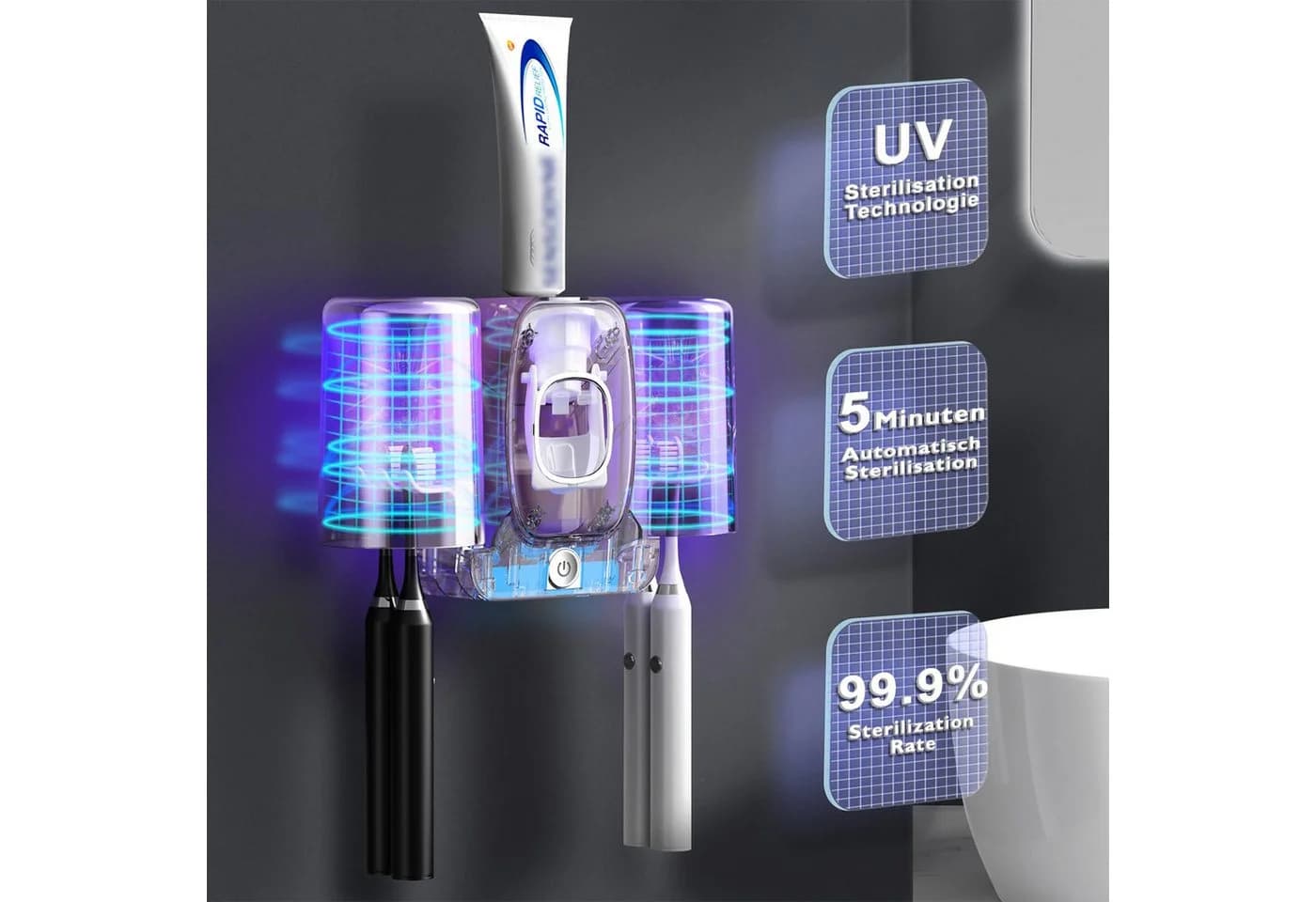 MOPUEA UV-Zahnbürstenhalter mit 4 Schlitzen, Zahnpastenspender und UV-Desinfektion - Bild 5