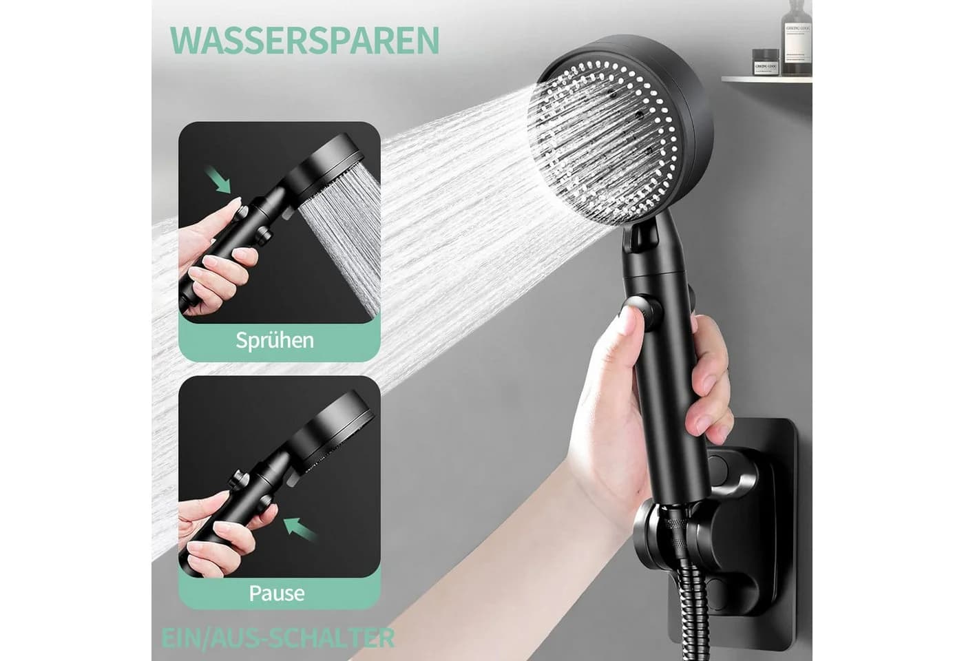 MOPUEA Brausegarnitur Duschkopfset mit 5 Modi und Wasserstopp Schwarz - Bild 3