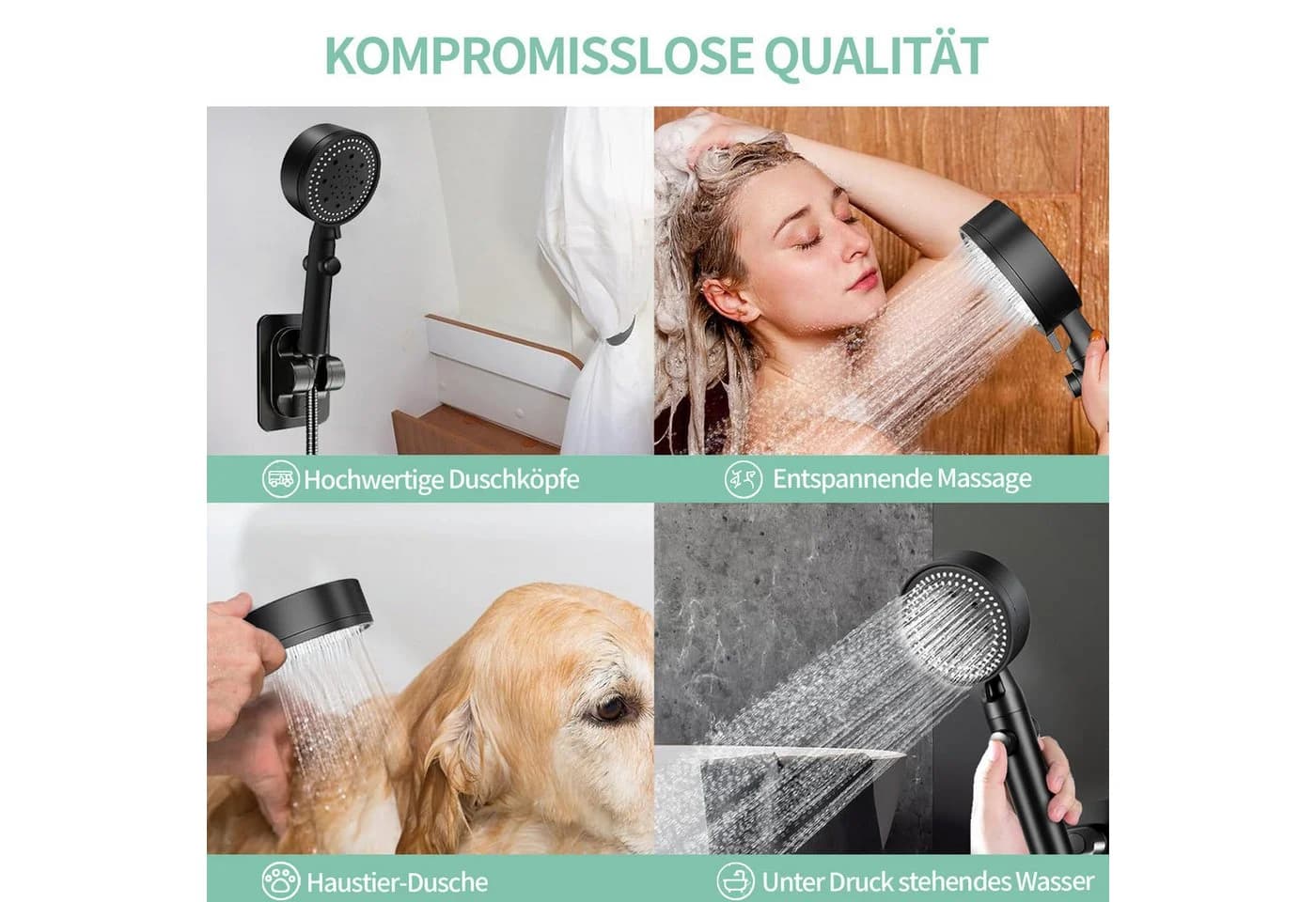 MOPUEA Brausegarnitur Duschkopfset mit 5 Modi und Wasserstopp Schwarz - Bild 4