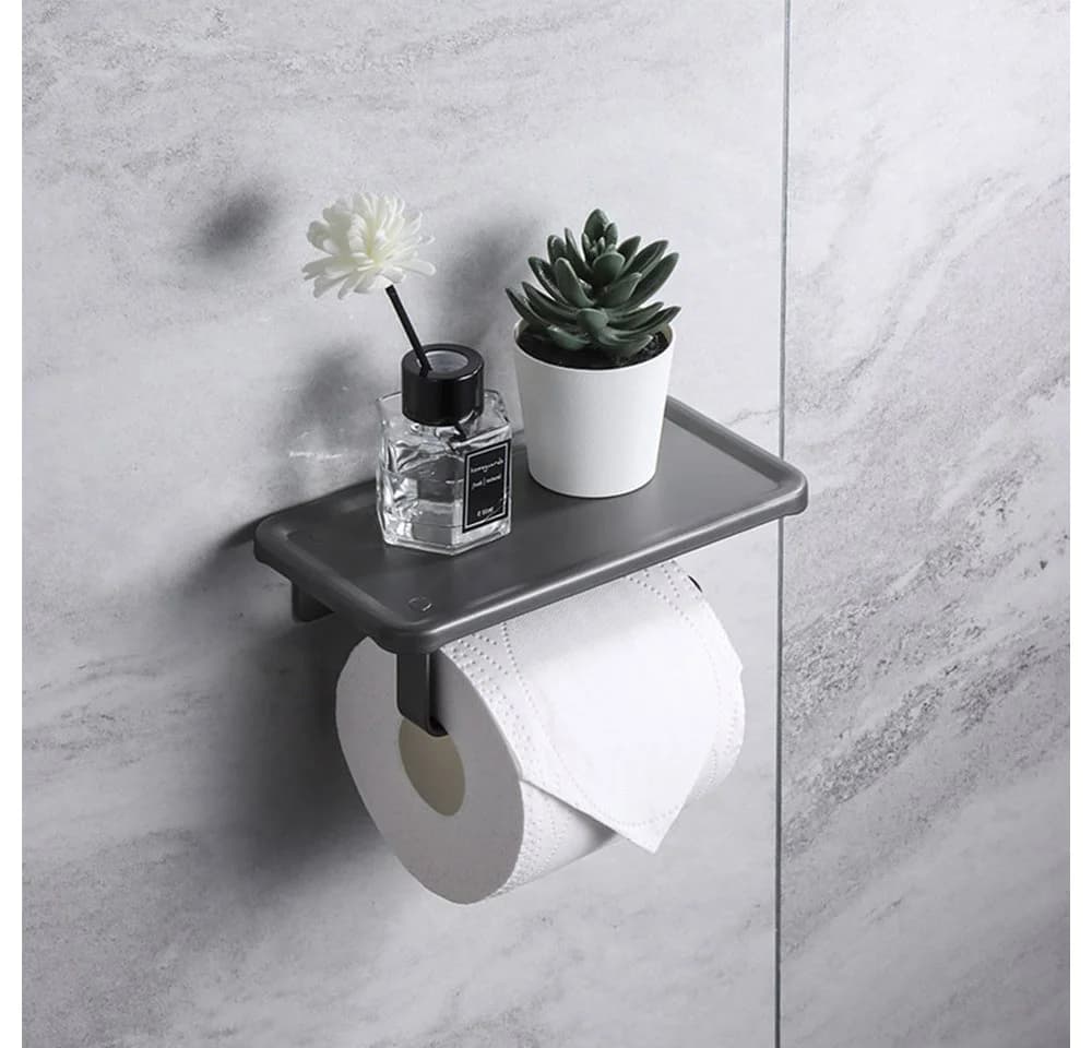 MOPUEA Toilettenpapierhalter mit Ablage Selbstklebend Aluminium Schwarz