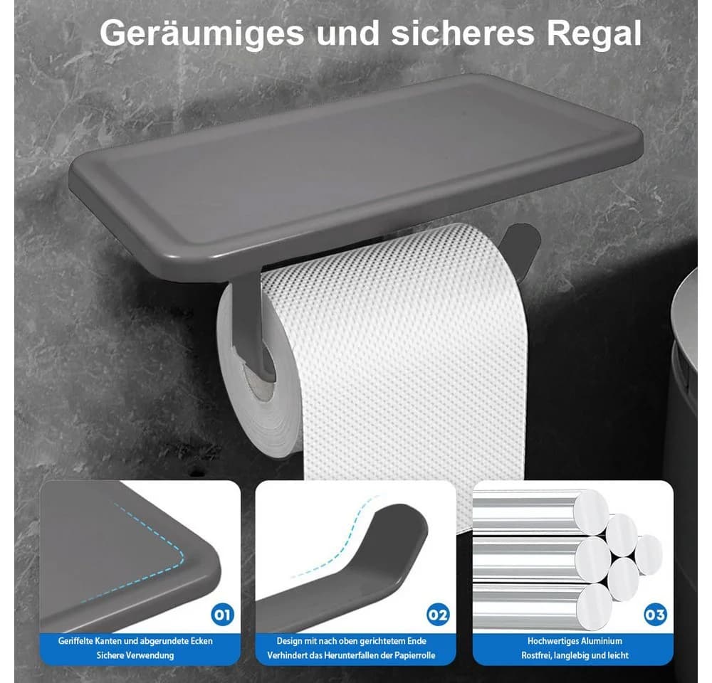 MOPUEA Toilettenpapierhalter mit Ablage Selbstklebend Aluminium Schwarz - Bild 3