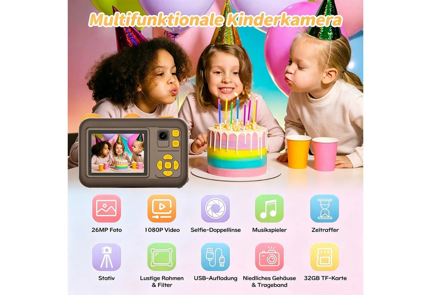 MOPUEA Kinderkamera Dualobjektiv 1080P 32GB 2 Zoll Display Braun