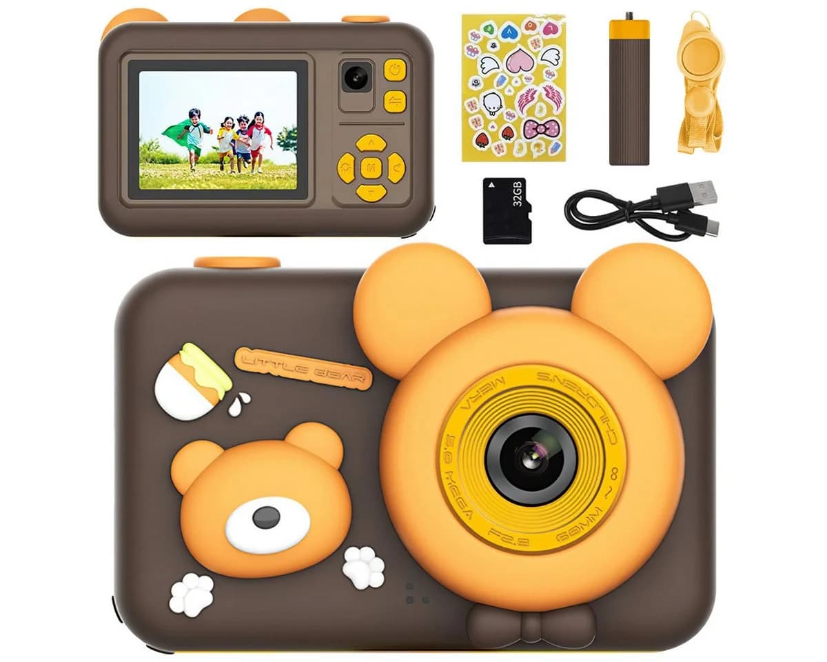 MOPUEA Kinderkamera Dualobjektiv 1080P 32GB 2 Zoll Display Braun - Bild 2
