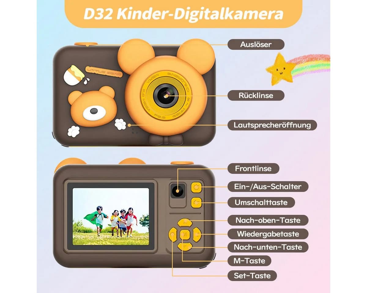 MOPUEA Kinderkamera Dualobjektiv 1080P 32GB 2 Zoll Display Braun - Bild 3