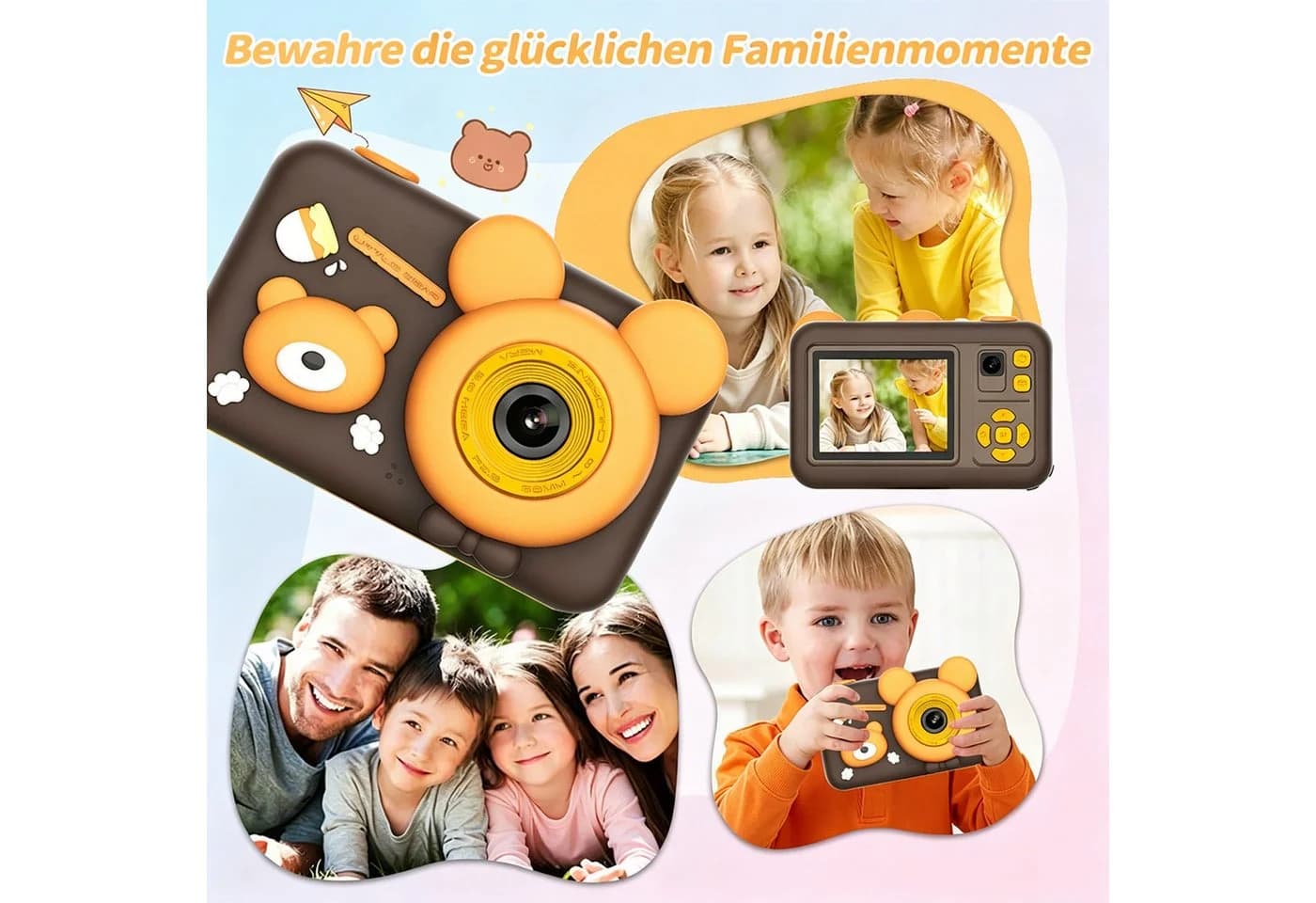 MOPUEA Kinderkamera Dualobjektiv 1080P 32GB 2 Zoll Display Braun - Bild 4