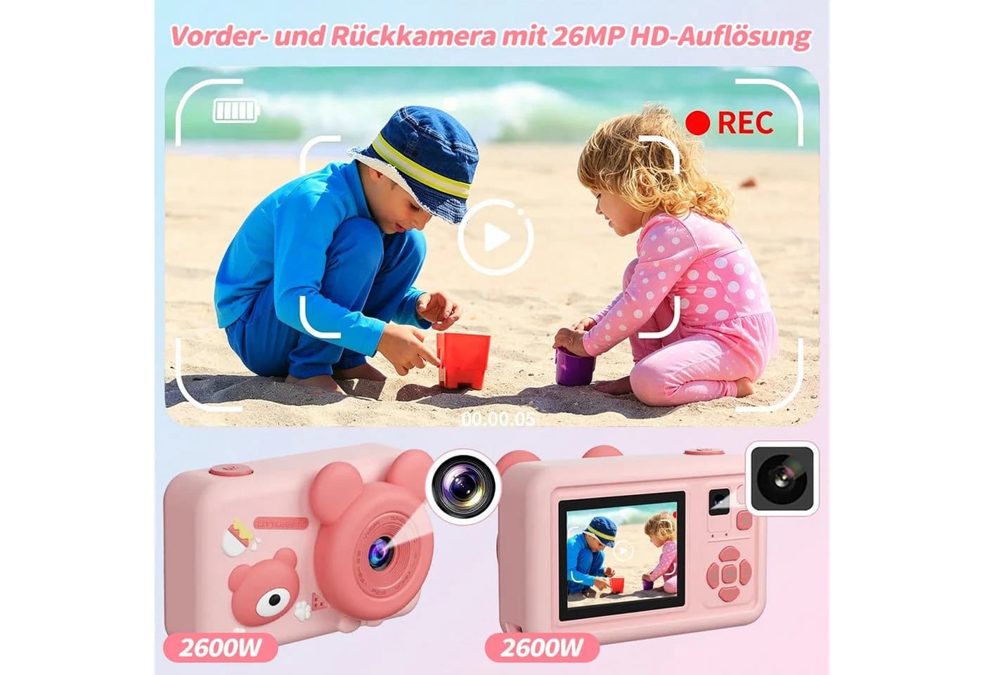 MOPUEA Kinderkamera Dualobjektiv 32GB 1080P Rosa - Bild 4