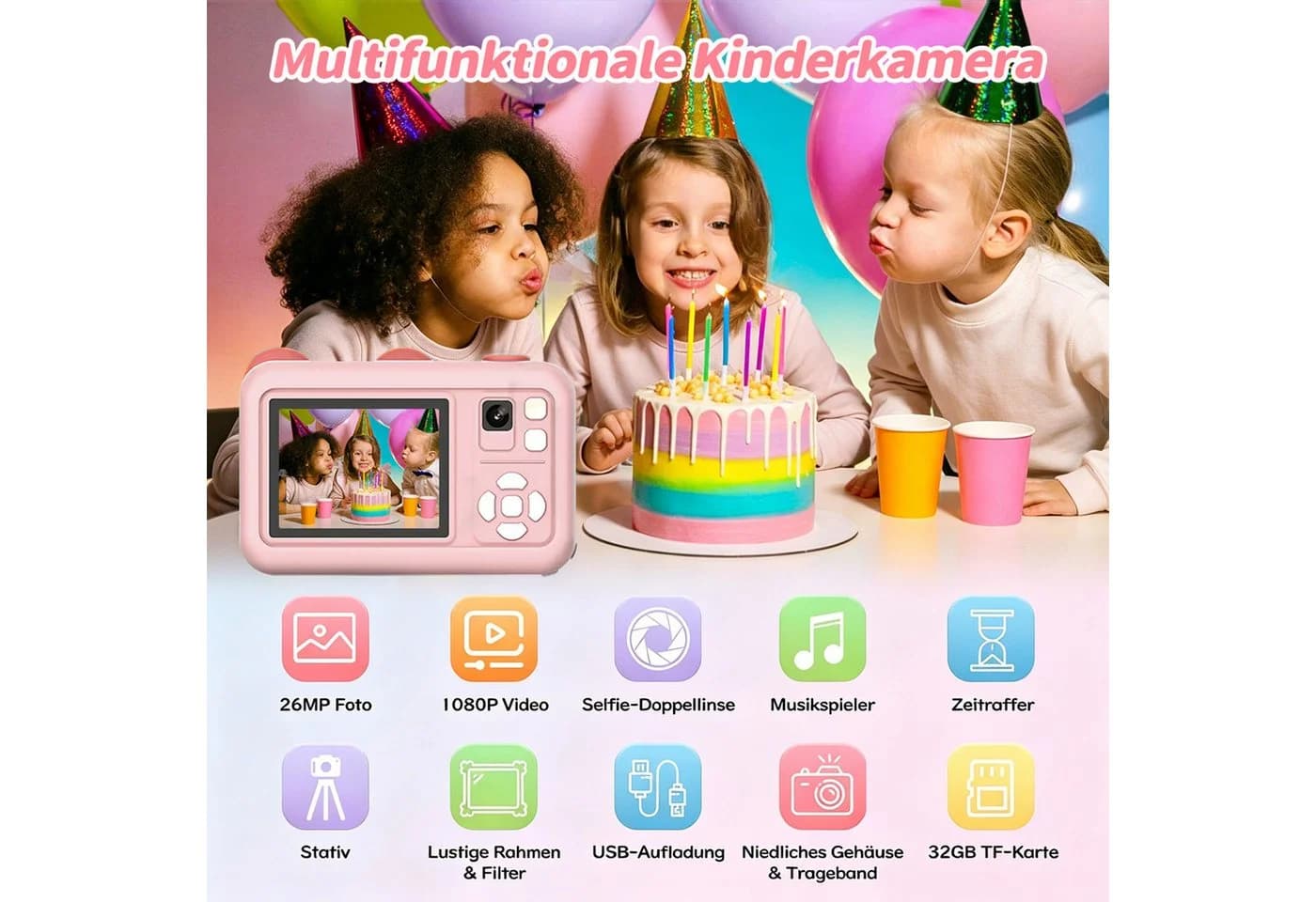 MOPUEA Kinderkamera Dualobjektiv 32GB 1080P Rosa - Bild 5