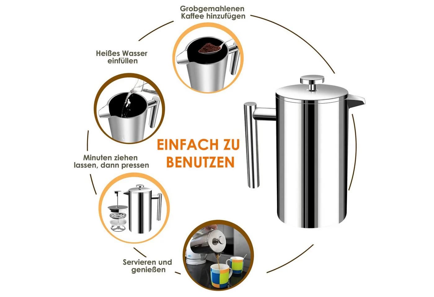 MOPUEA French Press Kanne 1L Edelstahl Silber - Bild 5