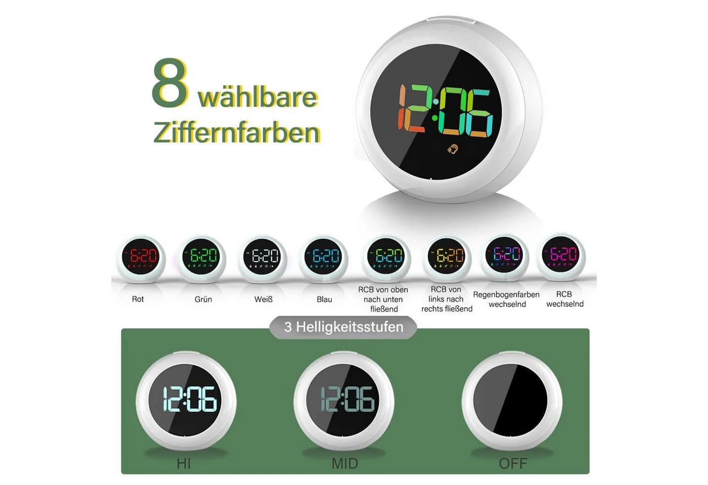 MOPUEA LED-Wecker Digital mit Farbwechsel, Doppelalarm & Sprachsteuerung - Bild 3