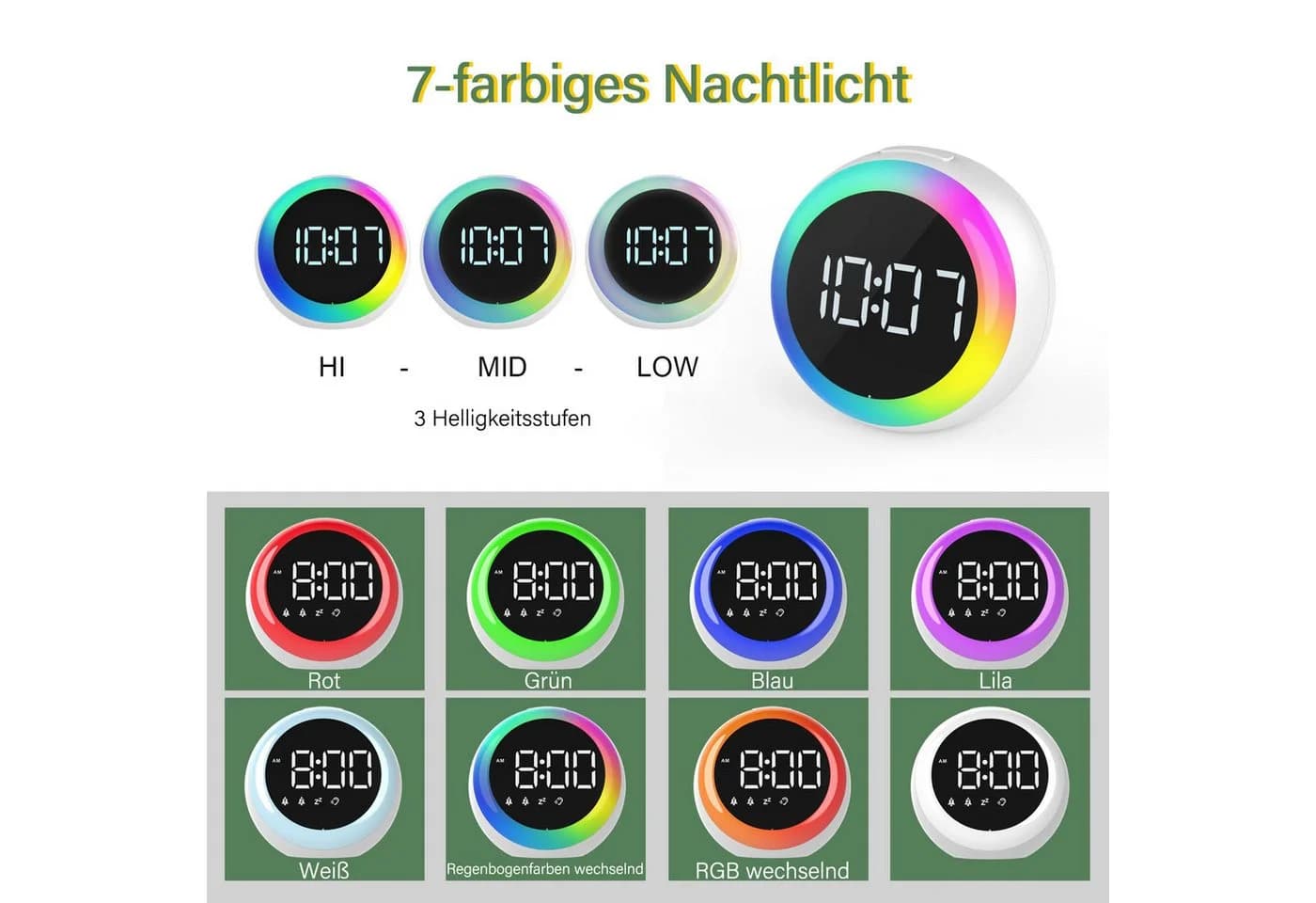 MOPUEA LED-Wecker Digital mit Farbwechsel, Doppelalarm & Sprachsteuerung - Bild 4