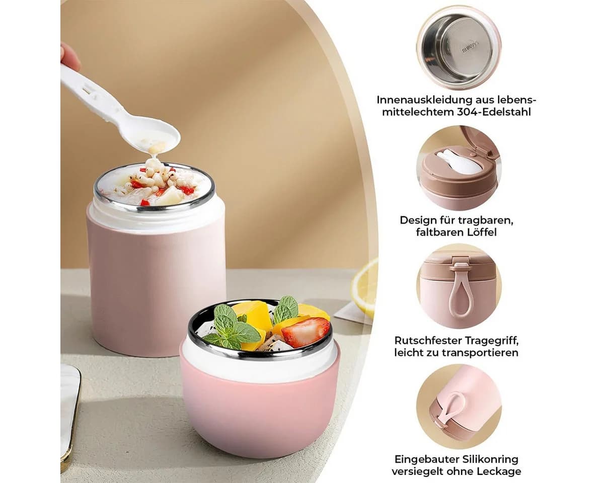 MOPUEA Müslibecher To Go 800 ml Edelstahl Thermobehälter mit Griff