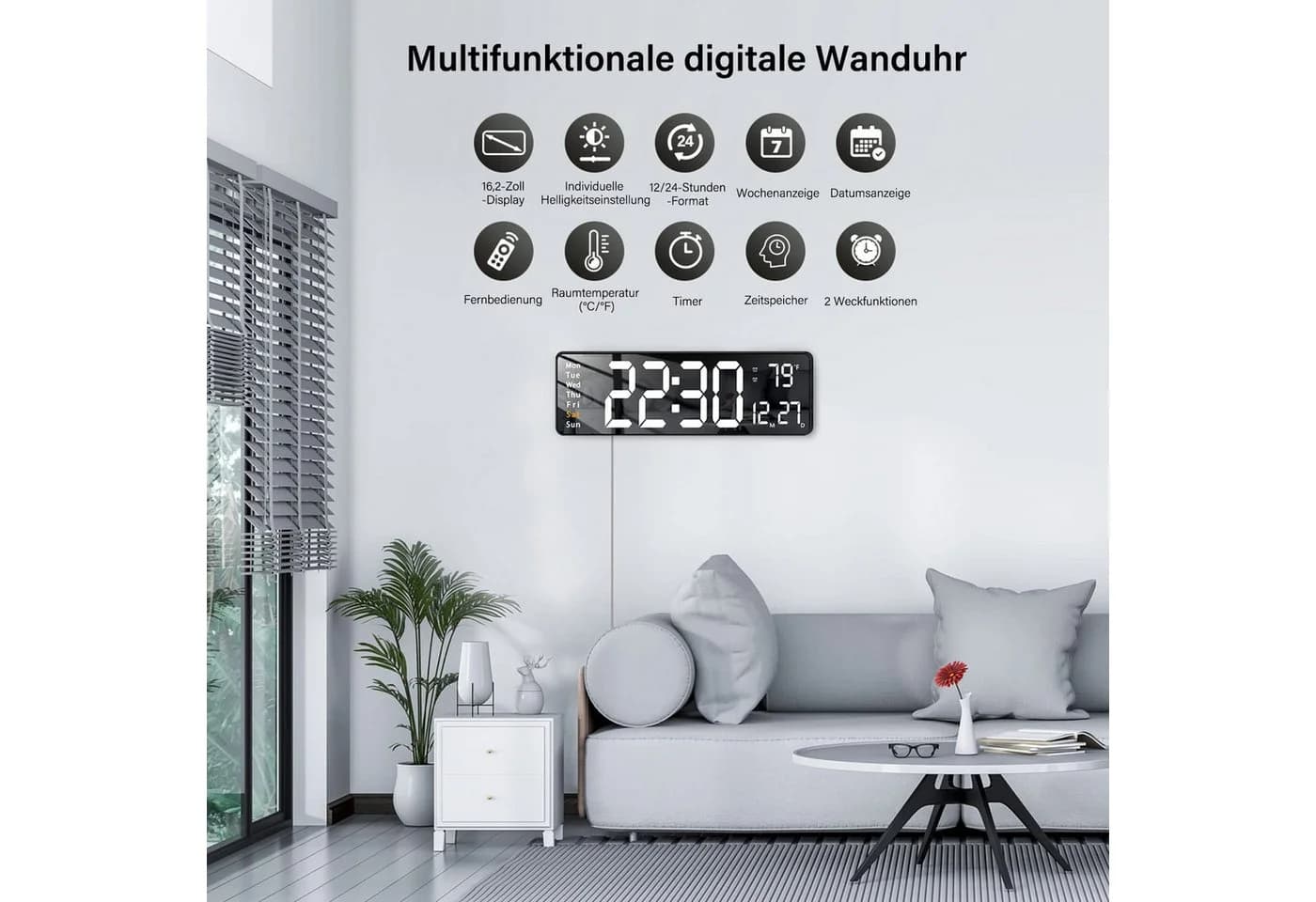MOPUEA Wanduhr 16 Zoll LED Digital mit Fernbedienung - Bild 4