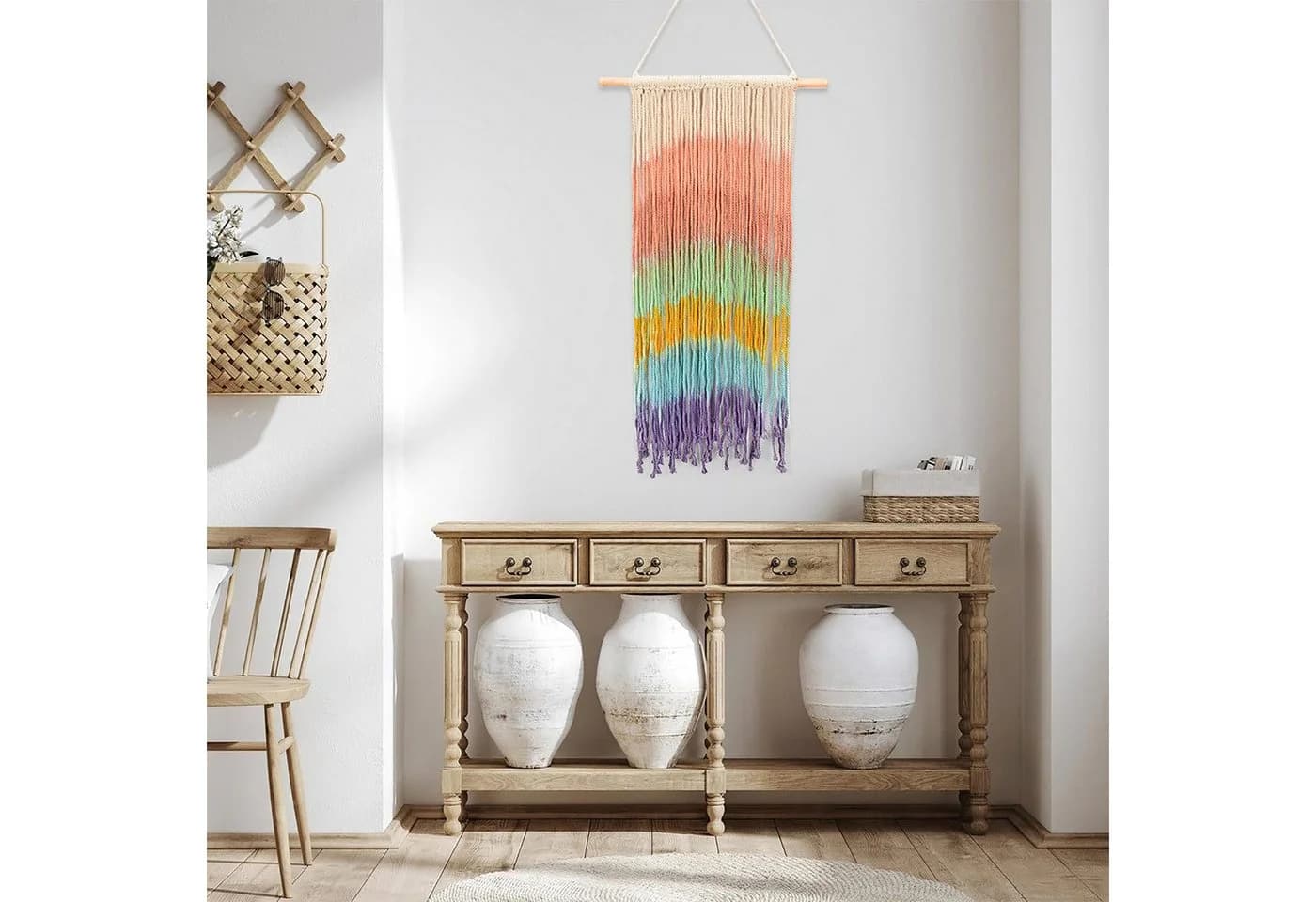 MOPUEA Wandteppich Handgefertigtes Baumwollseil Regenbogen