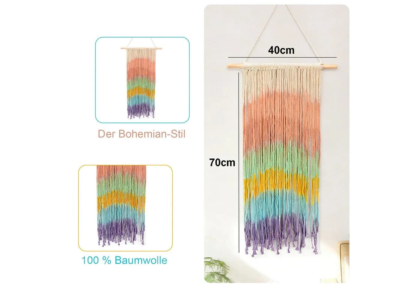 MOPUEA Wandteppich Handgefertigtes Baumwollseil Regenbogen - Bild 3