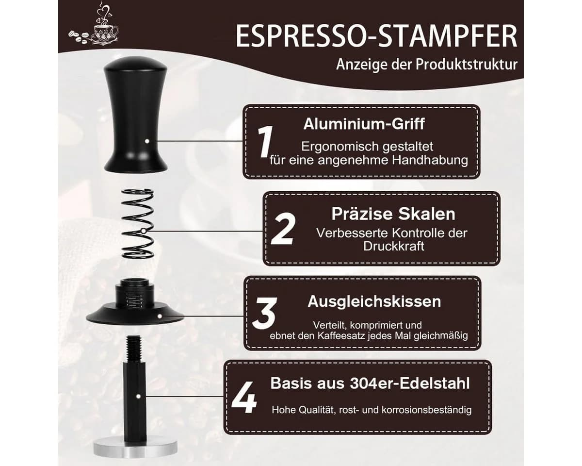 MOPUEA Tamper Kaffee Verdichter 58mm Edelstahl Schwarz