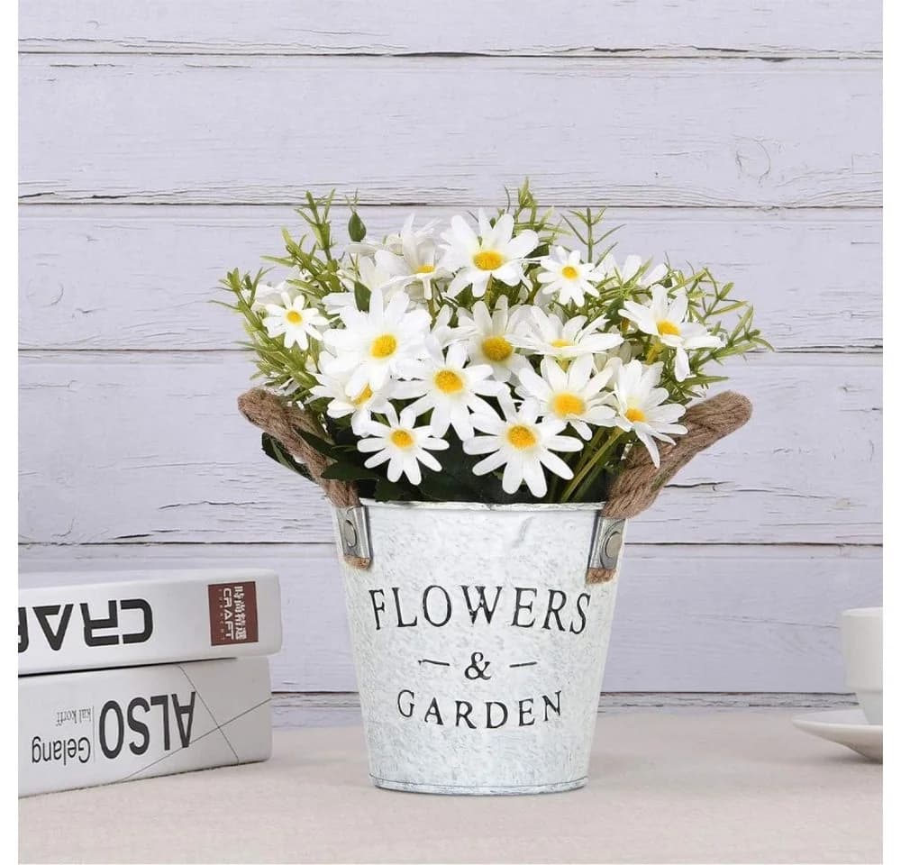 MOPUEA Kunstblumenstrauß Weiß 20cm Seidentuch Blumentopf