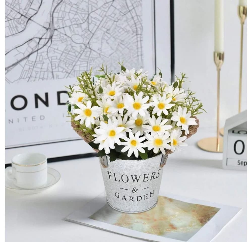 MOPUEA Kunstblumenstrauß Weiß 20cm Seidentuch Blumentopf - Bild 2