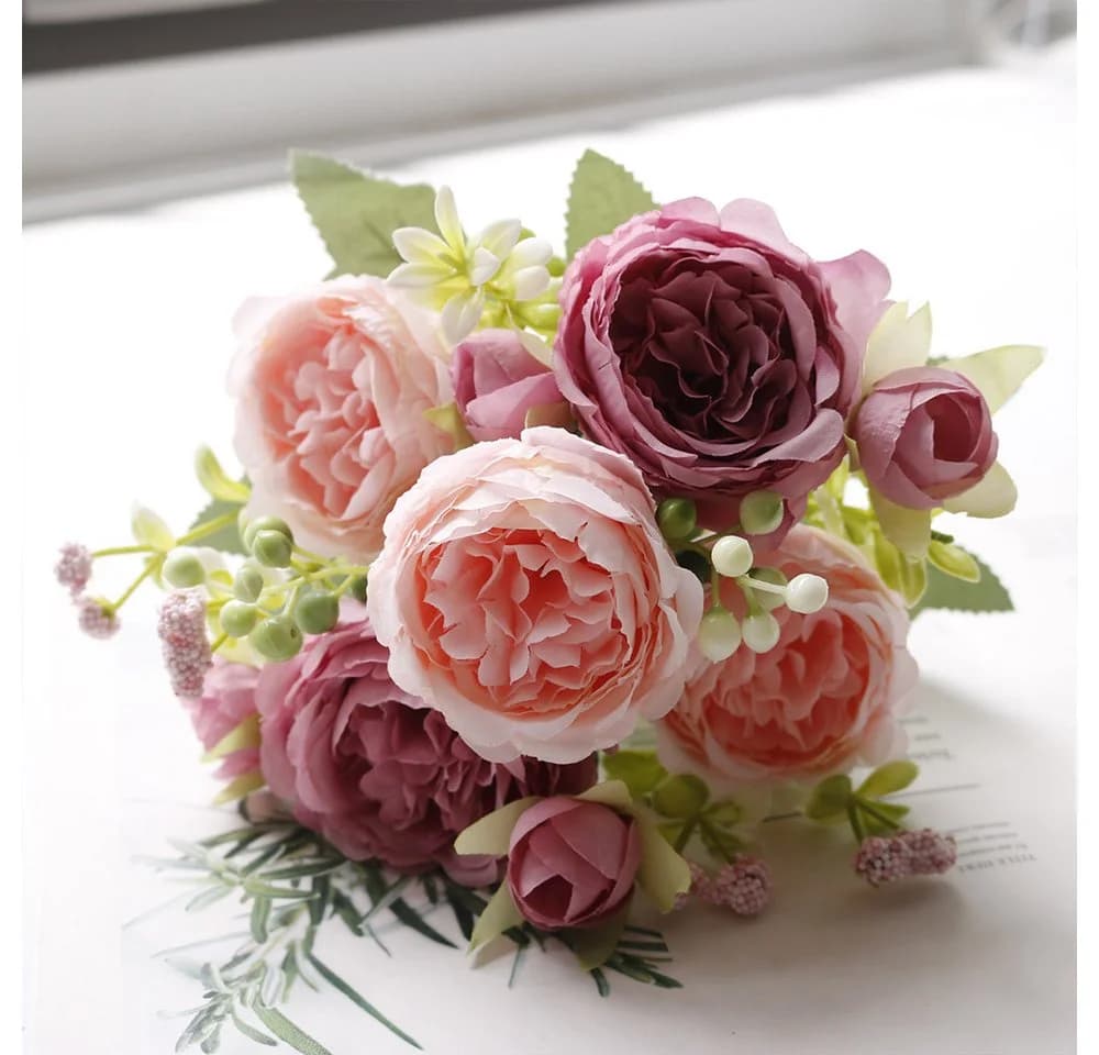 MOPUEA Kunstblumenstrauß Rugosa-Rose Rosa 4-tlg. Seidenstoff