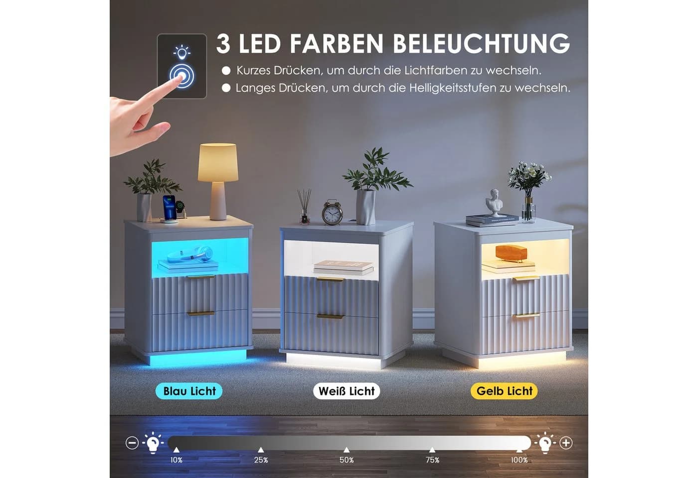 LVSOMT Nachttisch LED Nachttisch mit Ladefunktion und 2 Schubladen - Bild 5