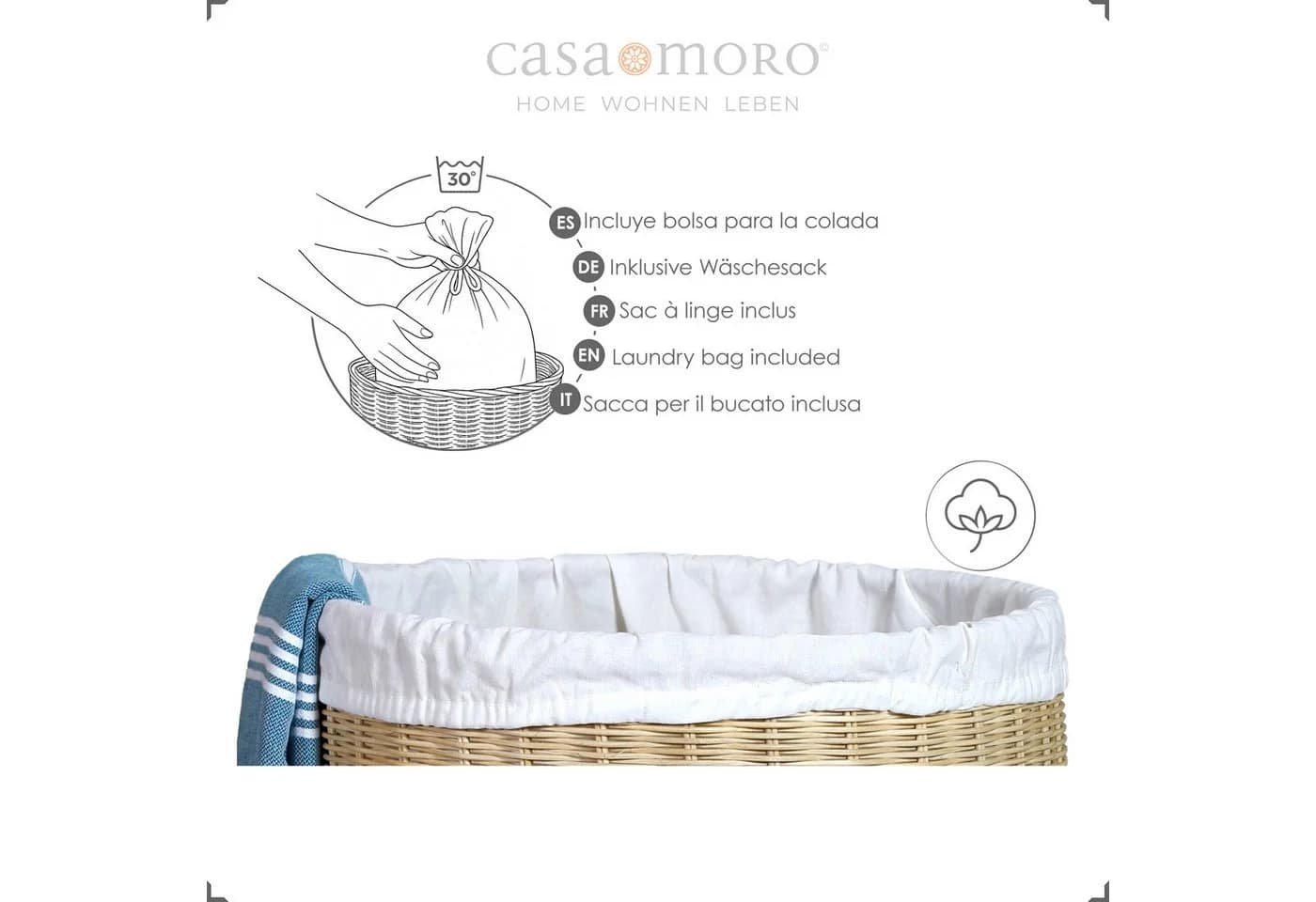 Casa Moro Wäschekorb mit Deckel 50L Rattan Rund Natur - Bild 3