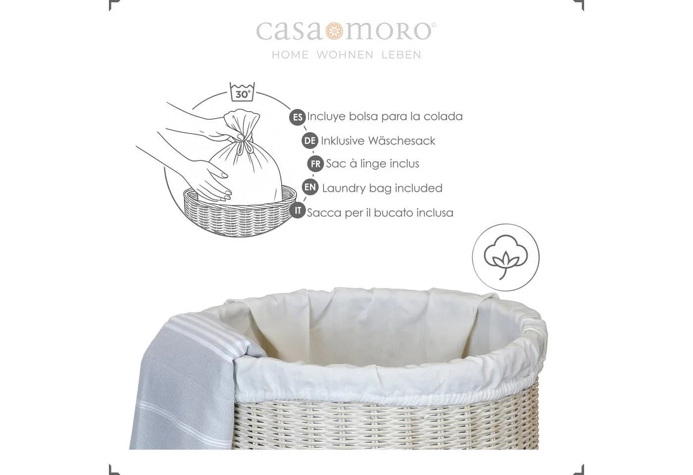 Casa Moro Wäschekorb mit Deckel Rattan 75L White Wash - Bild 3