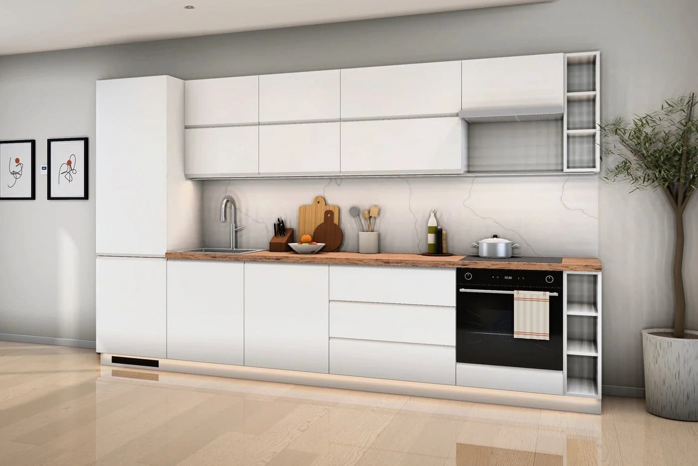 ROYAL24_MARKT Küchenzeile Aspen 340 cm Hochglanz Grau/Weiß